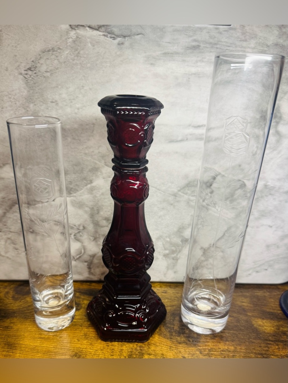 Vintage Avon Ruby Red Glass Candle Holder/Canister + Etched Rose Vase Set